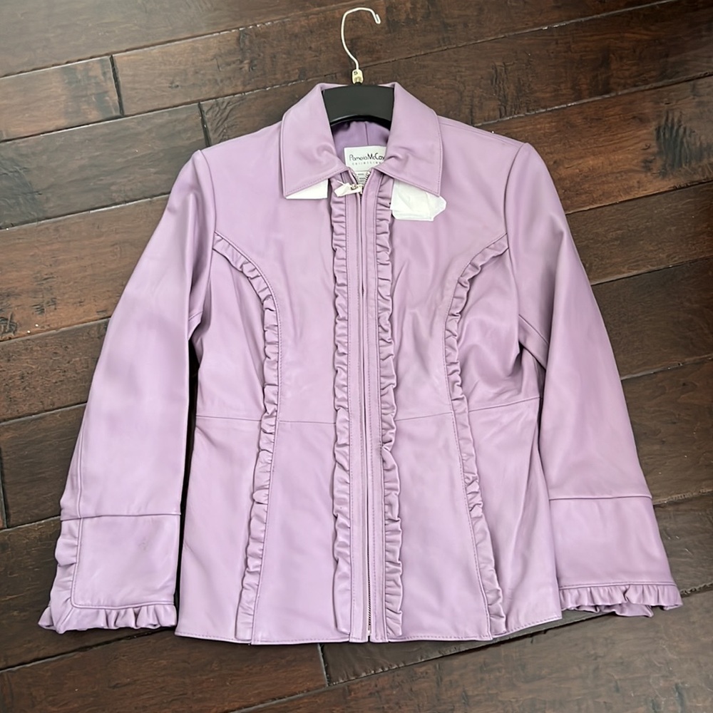 Pamela McCoy Y2K Fully lined Lavender ruffled leather jacket. Never worn!!